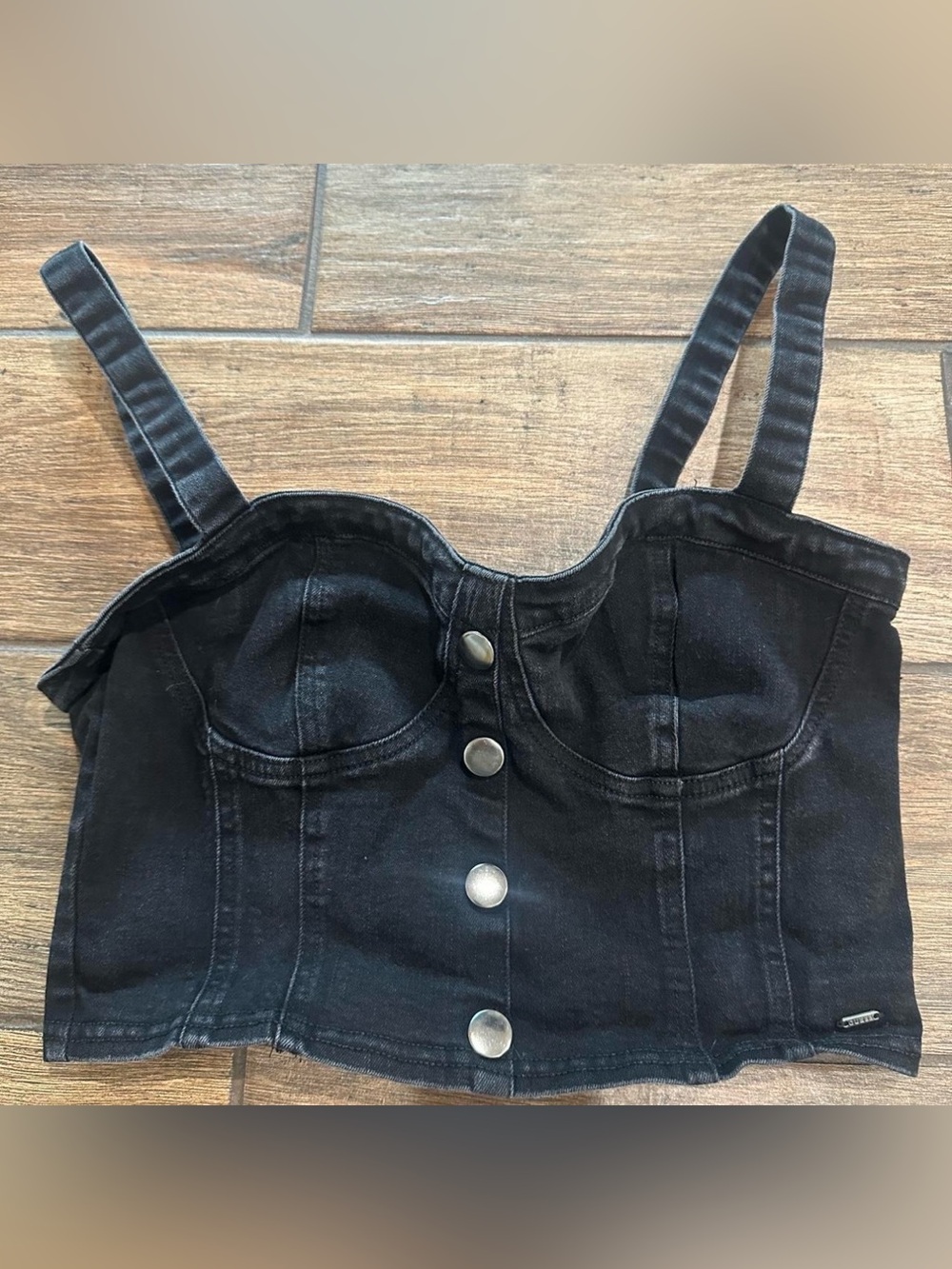 Guess sz small Black Denim Button-Front Bustier Crop Top